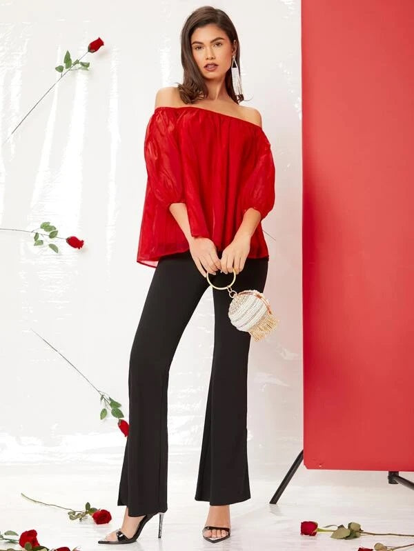 CM-TS217282 Women Casual Seoul Style Off The Shoulder Bishop Sleeve Top - Red
