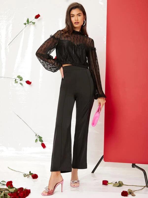 CM-TS875299 Women Elegant Seoul Style Lace Lantern Sleeve Tie Back Top - Black