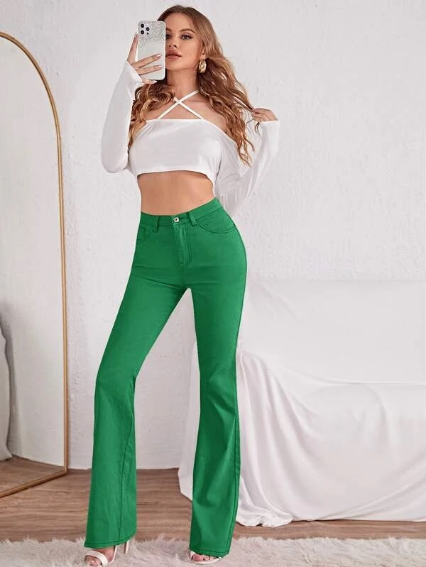 CM-BS077707 Women Casual Seoul Style High Waist Flare Leg Jeans - Green