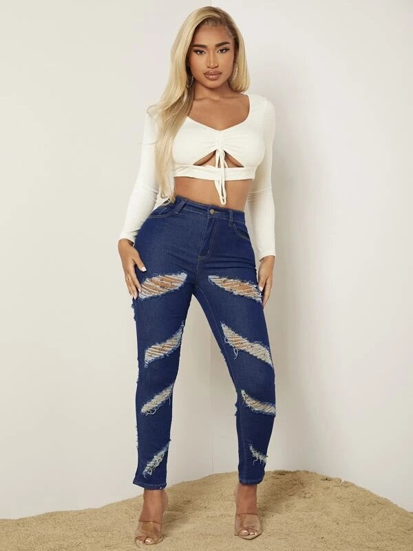 CM-BS222125 Women Casual Seoul Style Dark Wash High Waist Ripped Mom Fit Jeans