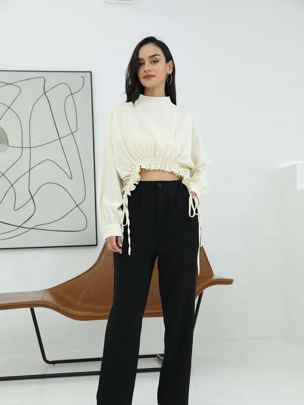 CM-TS642775 Women Casual Seoul Style Drop Shoulder Drawstring Ruffle Hem Blouse