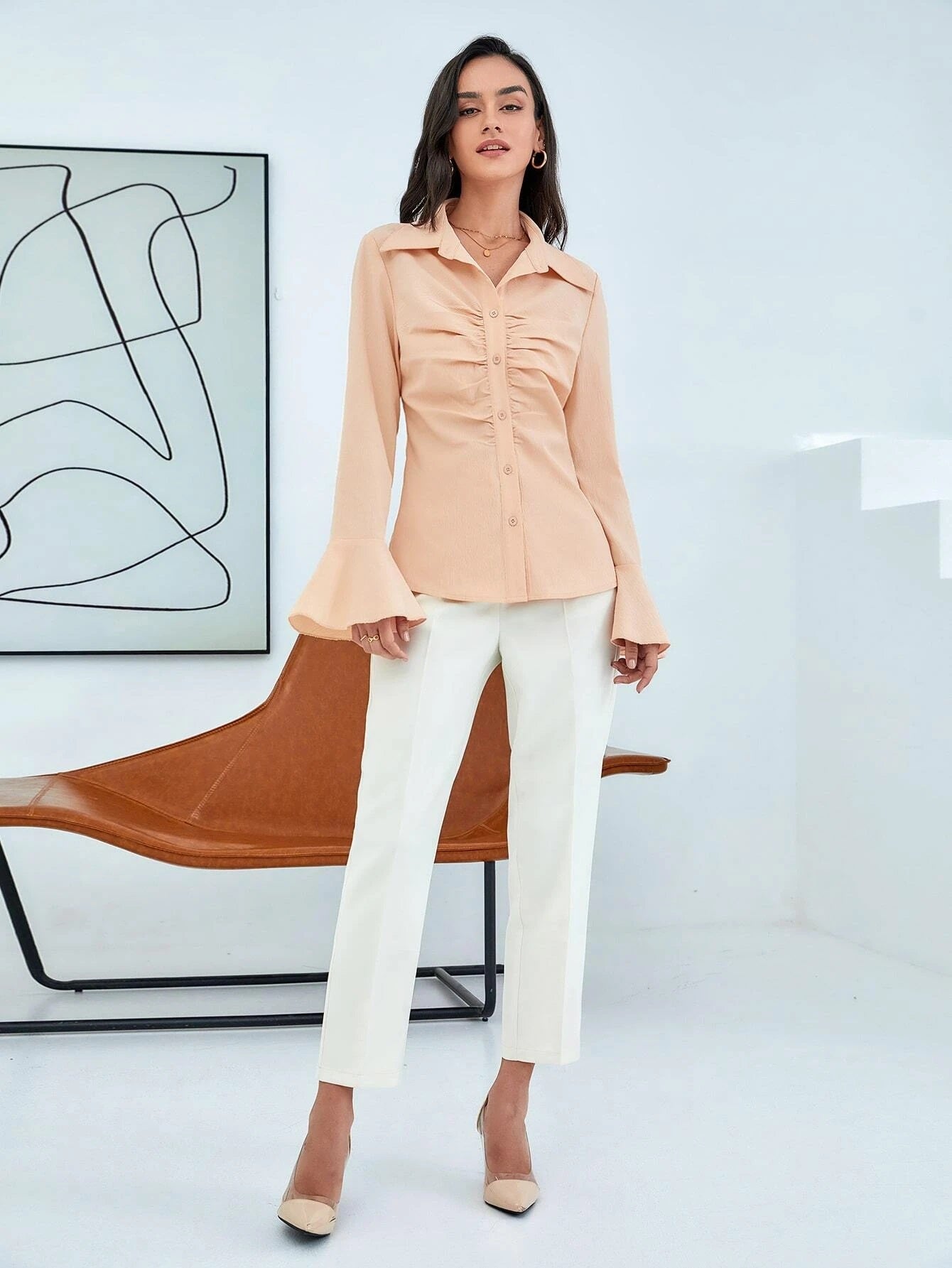 CM-TS564998 Women Casual Seoul Style Flounce Sleeve Ruched Button Through Blouse