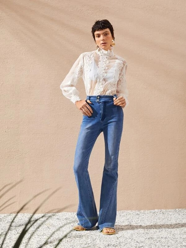 CM-TS612192 Women Elegant Seoul Style Floral Embroidery Lantern Sleeve Organza Top