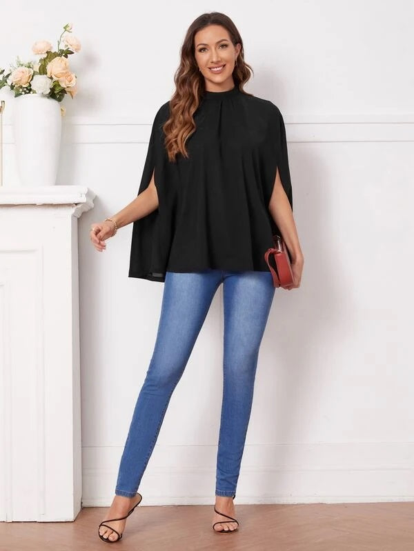 CM-TS254133 Women Elegant Seoul Style Mock Neck Cloak Sleeve Blouse - Black