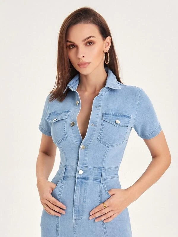 CM-DS352066 Women Casual Seoul Style Half Button Flap Pocket Mermaid Hem Denim Shirt Dress