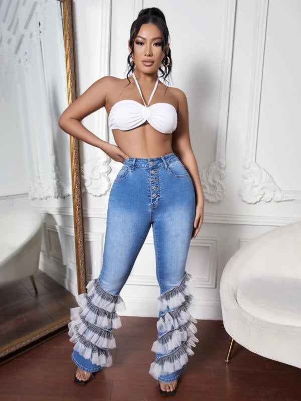 CM-BS413552 Women Casual Seoul Style High Waist Button Fly Contrast Mesh Ruffle Trim Flare Leg Jeans