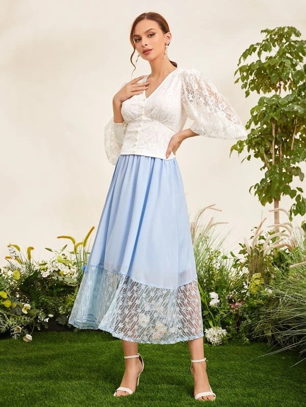 CM-TS384646 Women Elegant Seoul Style V-Neck Lantern Sleeve Lace Top - White
