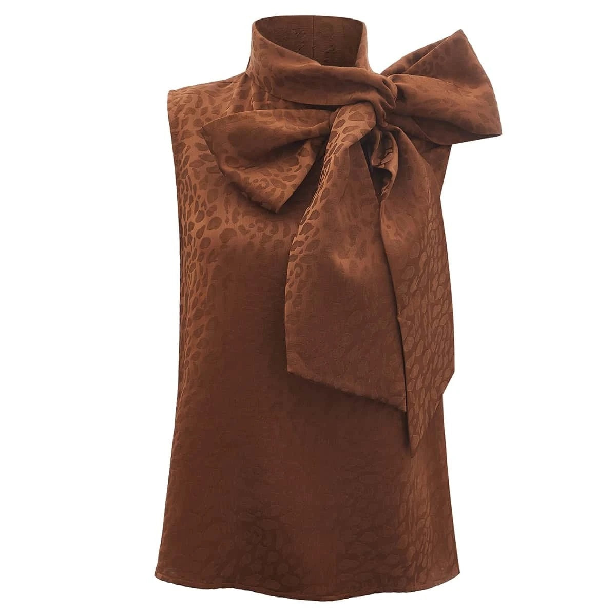 CM-TS389822 Women Elegant Seoul Style Sleeveless Jacquard Tie Neck Top - Brown