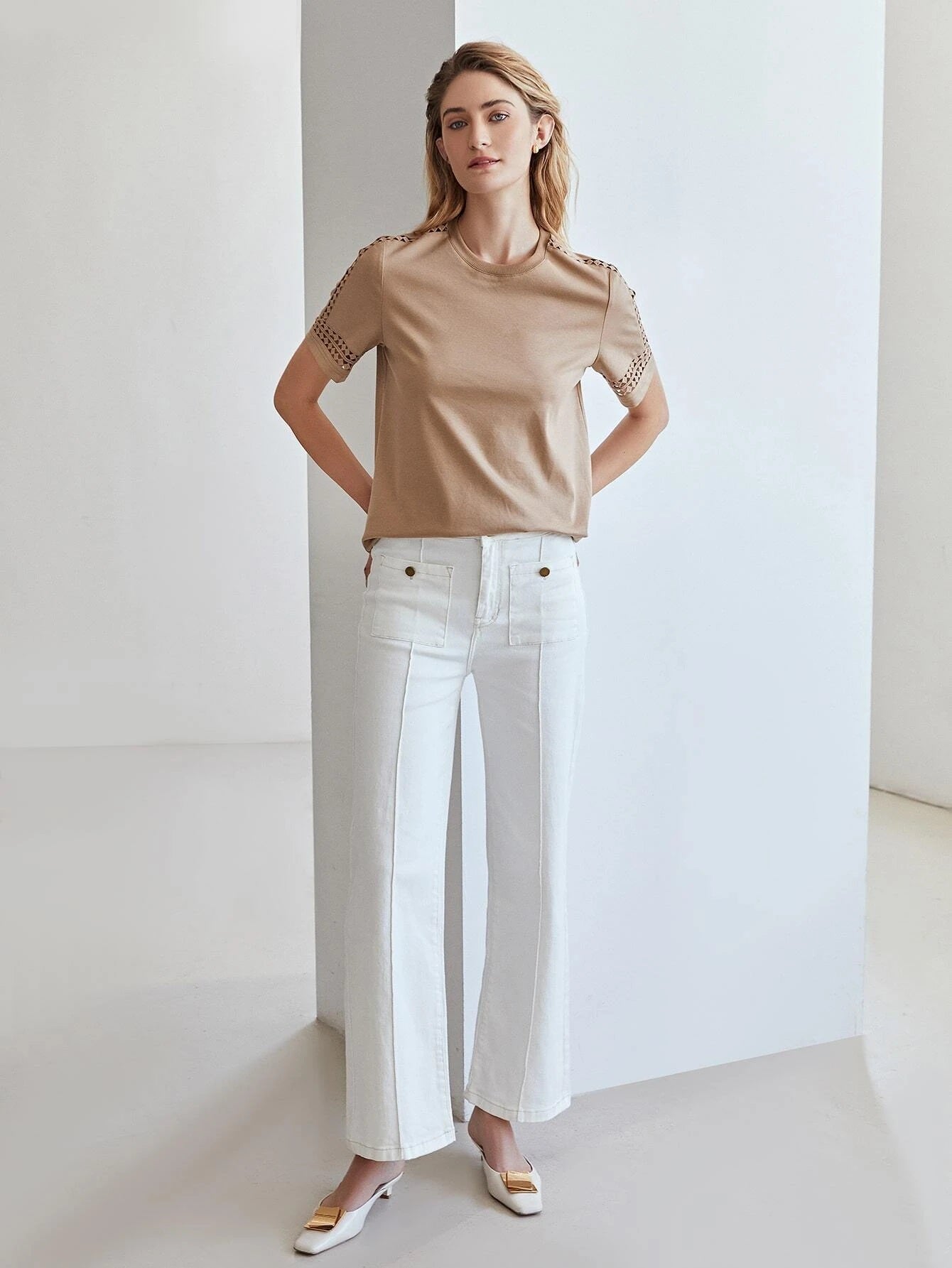 CM-TS805111 Women Casual Seoul Style Round Neck Cut-Out Short Sleeve T-Shirt - Apricot