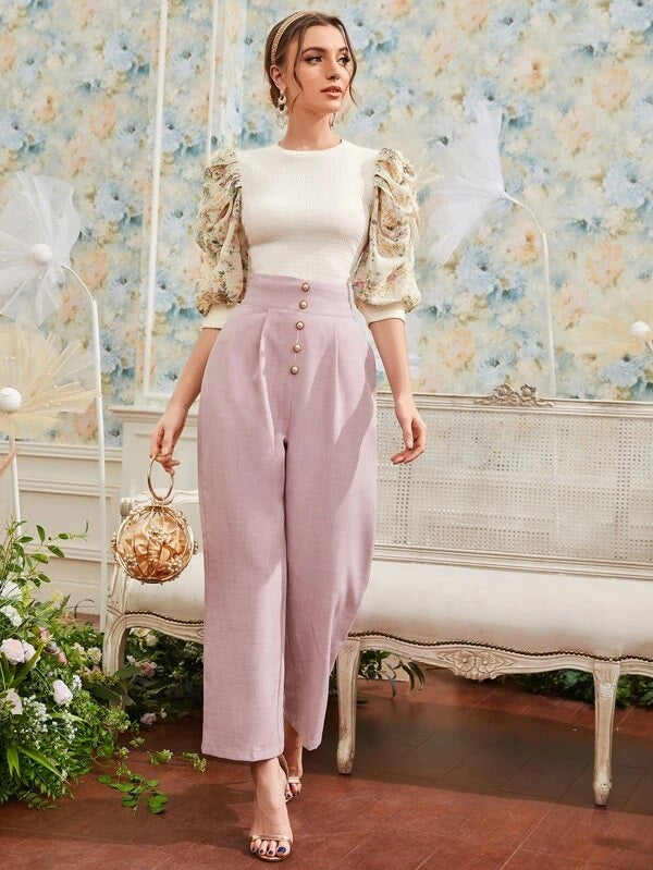 CM-TS752339 Women Casual Seoul Style Colorblock Floral Print Ruched Puff Sleeve Top