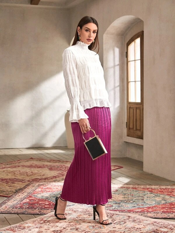 CM-TS086570 Women Casual Seoul Style Flounce Sleeve Keyhole Back Frill Trim Textured Blouse