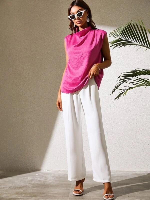 CM-TS875580 Women Casual Seoul Style Satin Cowl Neck Sleeveless Blouse - Hot Pink
