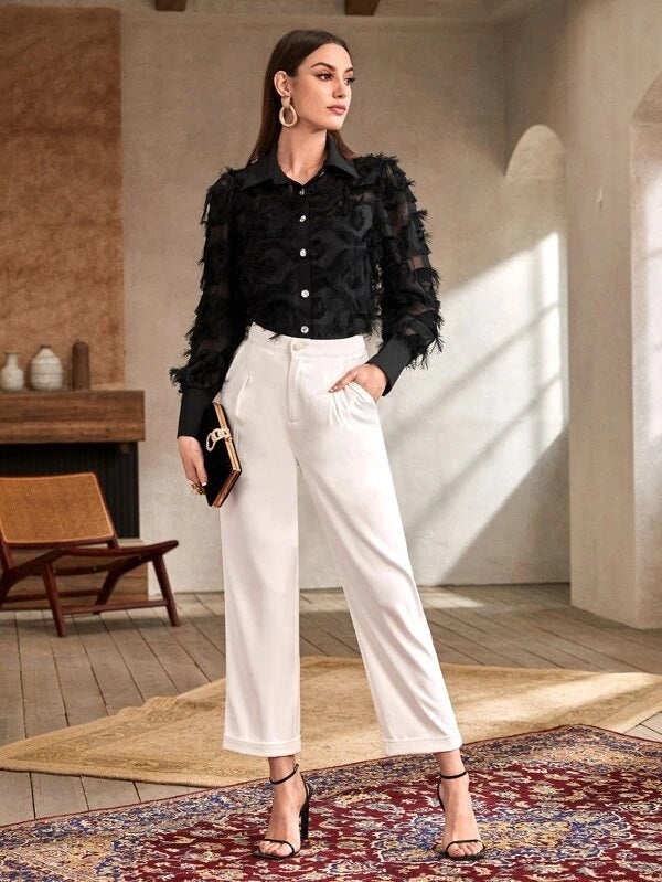 CM-TS360931 Women Elegant Seoul Style Button Through Fuzzy Detail Blouse - Black
