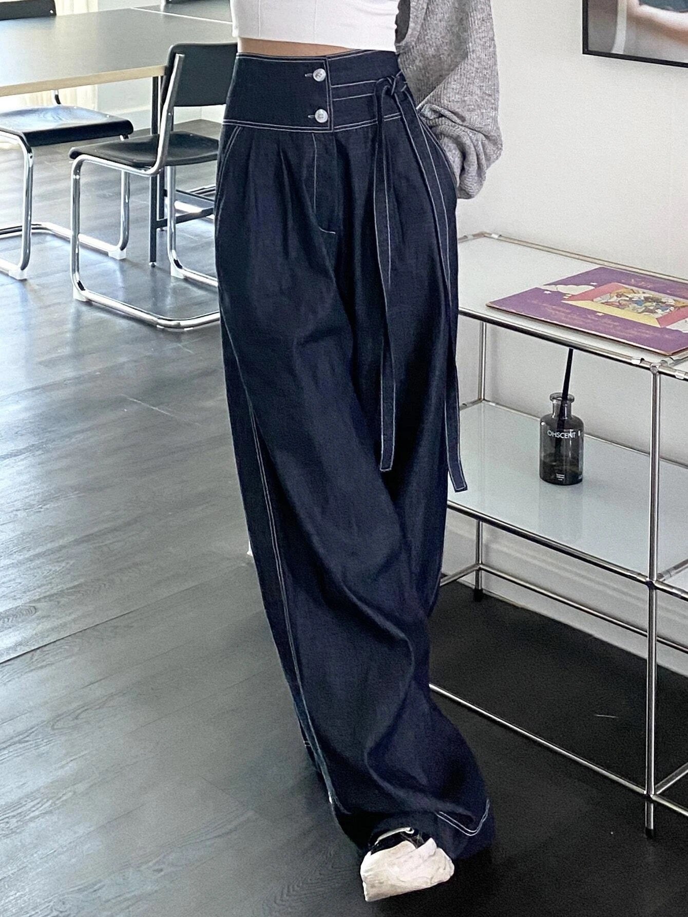 CM-BS738930 Women Casual Seoul Style Solid Tie Side Slant Pocket Wide Leg Jeans