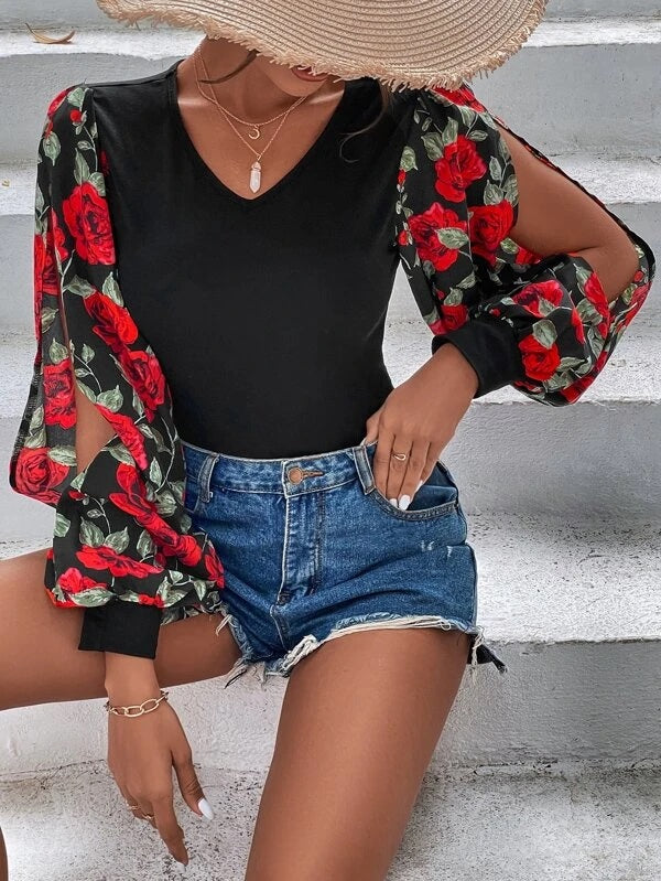 CM-TS493371 Women Casual Seoul Style Floral Print Cut-out Lantern Sleeve Bodysuit