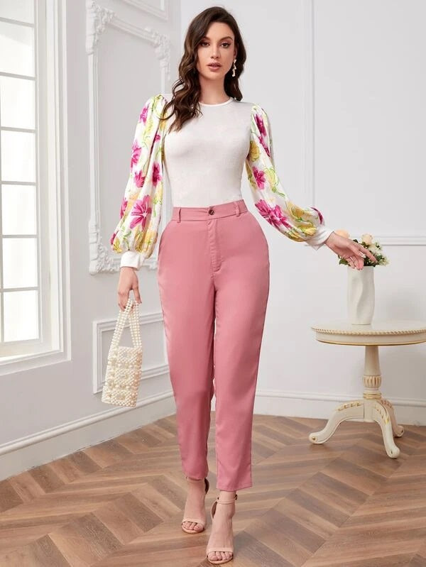 CM-TS118975 Women Elegant Seoul Style Floral Print Split Sleeve Top