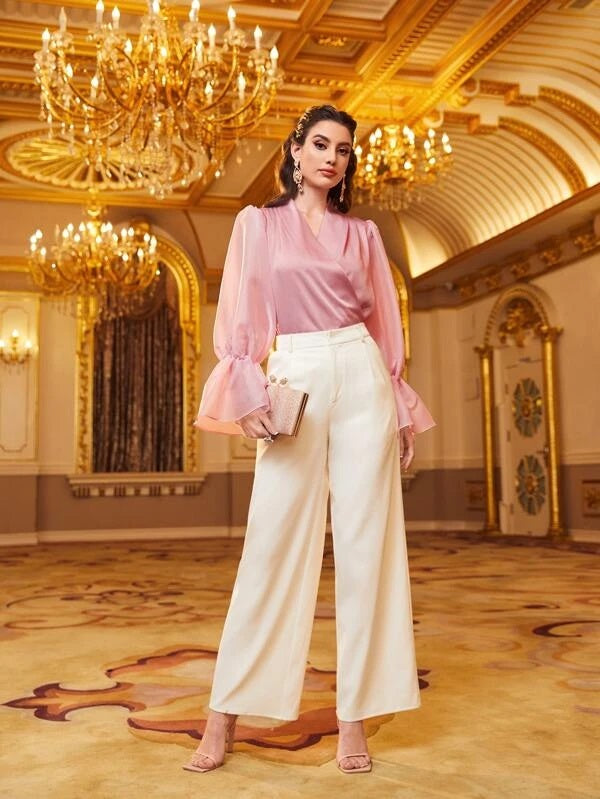 CM-TS975997 Women Elegant Seoul Style Surplice Neck Flounce Sleeve Satin Blouse - Baby Pink