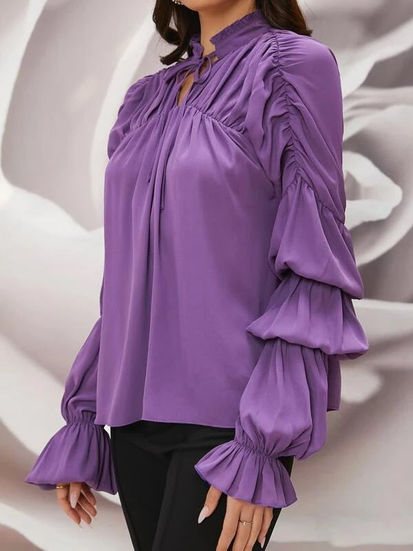 CM-TS104748 Women Elegant Seoul Style Tie Neck Gathered Sleeve Blouse - Purple