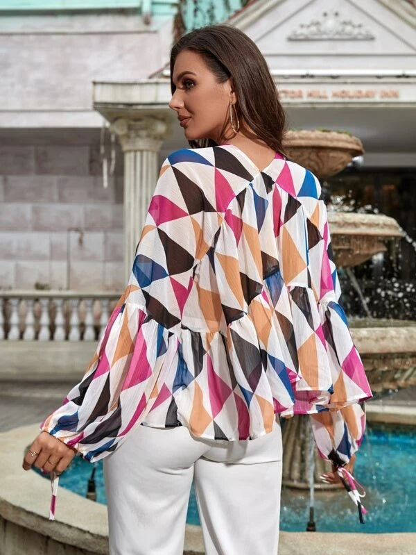 CM-TS650424 Women Trendy Bohemian Style Geometric Print Tie Neck Peplum Chiffon Blouse