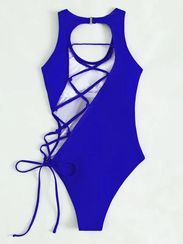 CM-SWS659181 Women Trendy Seoul Style Lace-Up One Piece Swimsuit - Royal Blue