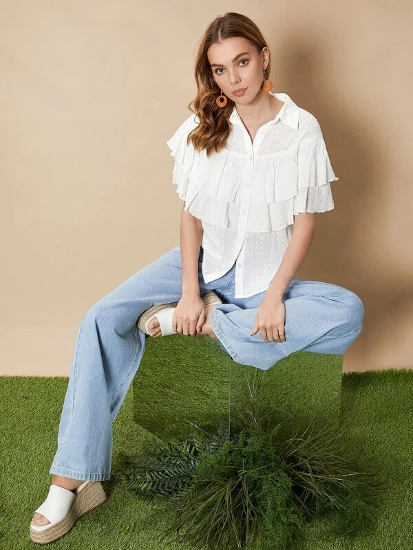 CM-TS398941 Women Casual Seoul Style Layered Ruffle Trim Swiss Dot Blouse - White