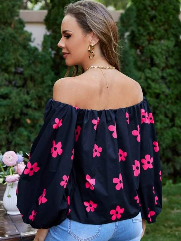CM-TS241053 Women Trendy Bohemian Style Off Shoulder Lantern Sleeve Floral Print Top
