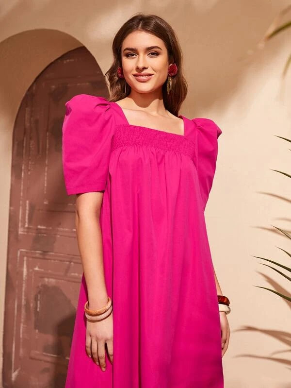 CM-DS960440 Women Casual Seoul Style Puff Sleeve Ruffle Hem Smock Dress - Hot Pink