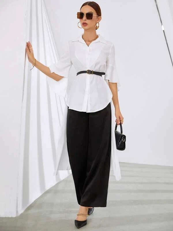 CM-TS350402 Women Casual Seoul Style High Low Hem Flounce Sleeve Blouse - White