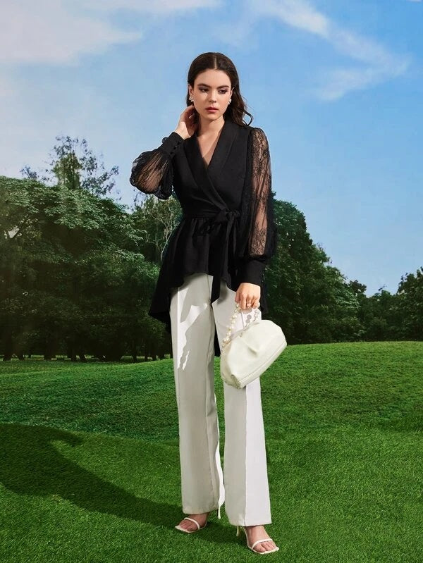 CM-TS494699 Women Elegant Seoul Style Shawl Collar Contrast Lace Belted Blouse - Black