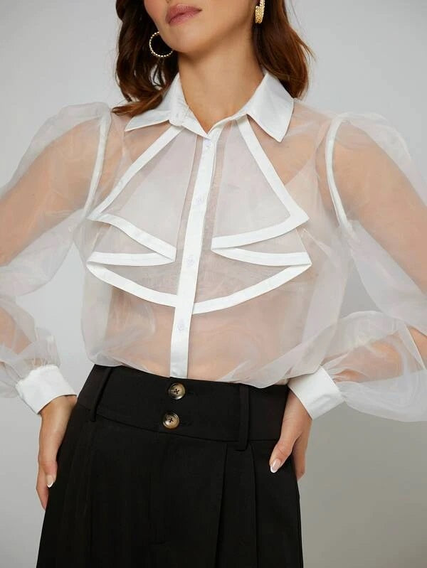 CM-TS871807 Women Casual Seoul Style See Through Puff Sleeve Organza Blouse