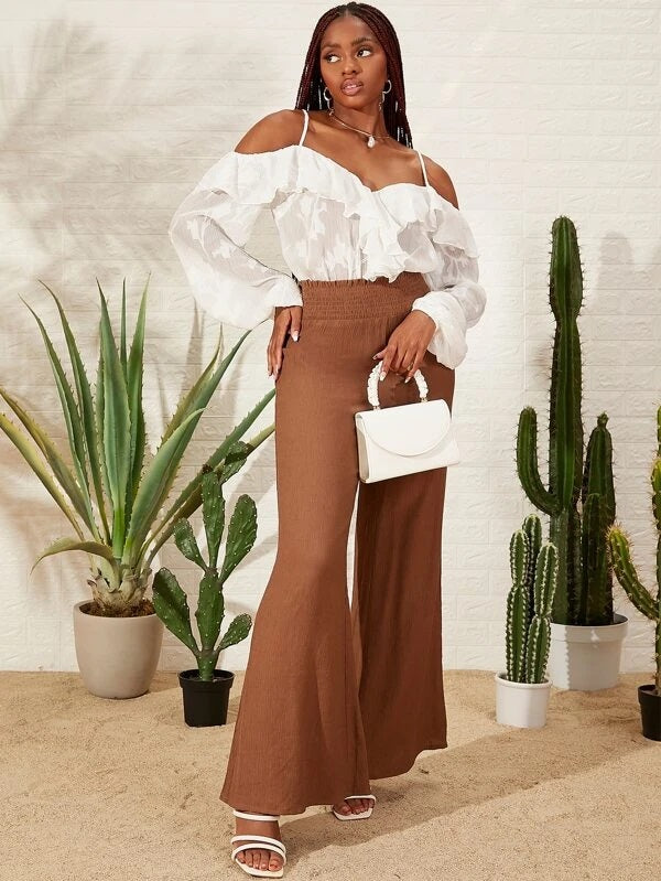 CM-TS311611 Women Casual Seoul Style Ruffle Trim Cold Shoulder Lantern Sleeve Bodysuit