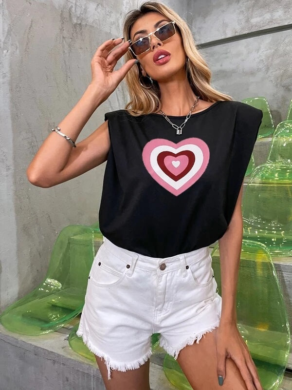CM-TS946956 Women Casual Seoul Style Heart Print Shoulder Pad Cut Out Back Tank Top