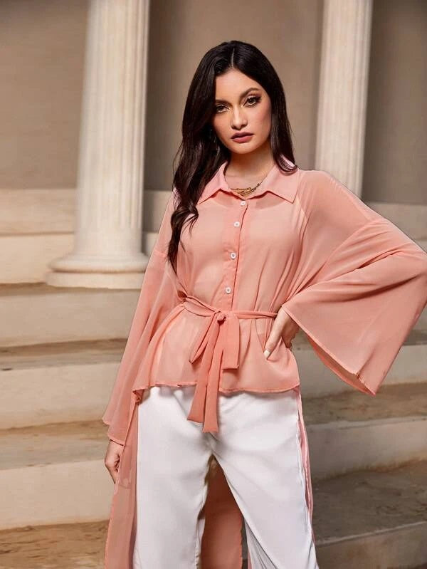 CM-TS480128 Women Elegant Seoul Style Drop Shoulder High Low Hem Belted Blouse