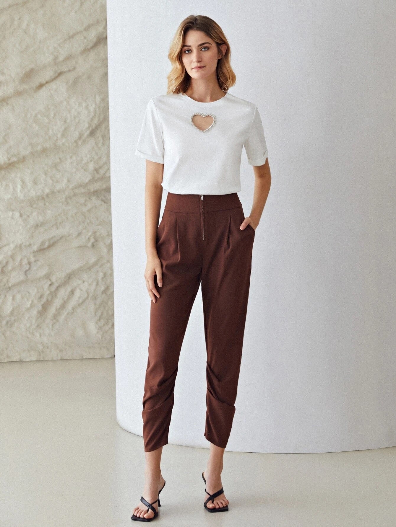 CM-TS603964 Women Casual Seoul Style Round Neck Heart Hollow Out T-Shirt - White