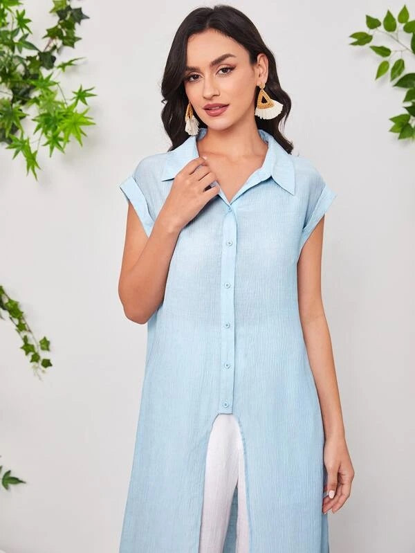 CM-TS114714 Women Casual Seoul Style High Low Roll Up Sleeve Blouse - Baby Blue