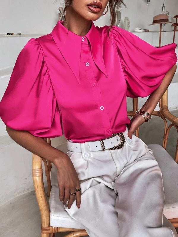 CM-TS077625 Women Casual Seoul Style Button Through Lantern Sleeve Blouse - Hot Pink