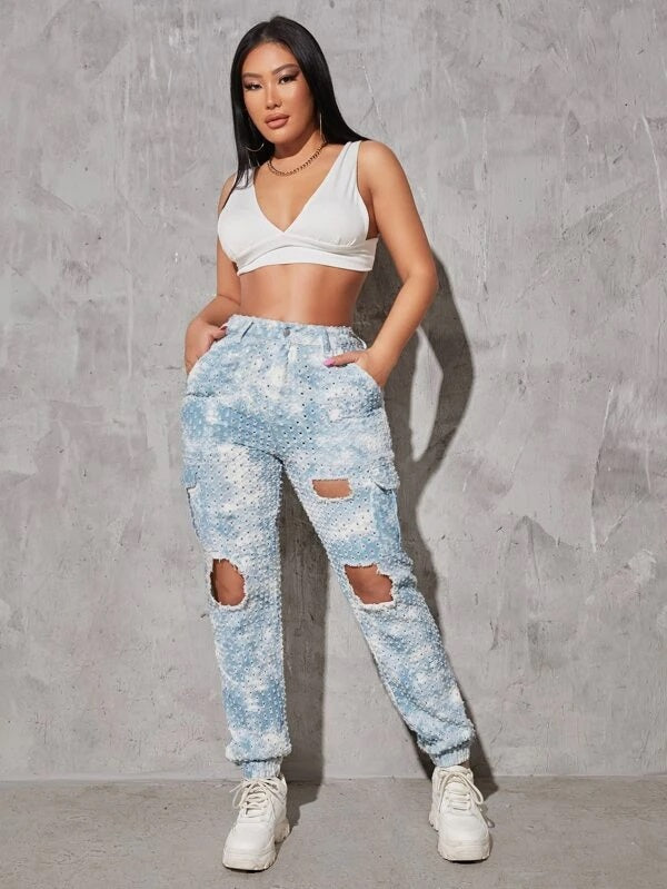 CM-BS435757 Women Casual Seoul Style Tie Dye Ripped Raw Trim Flap Pocket Cargo Jeans