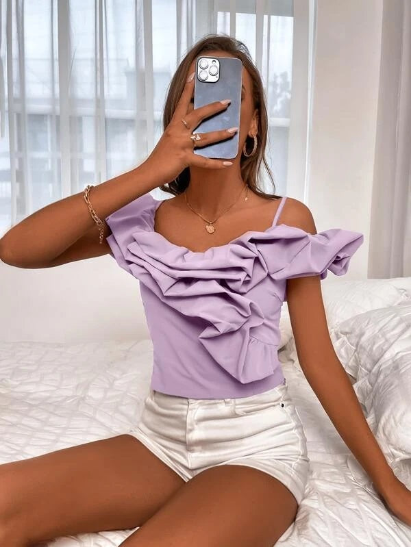 CM-TS114717 Women Casual Seoul Style Shirred Back Exaggerated Ruffle Cold Shoulder Crop Top