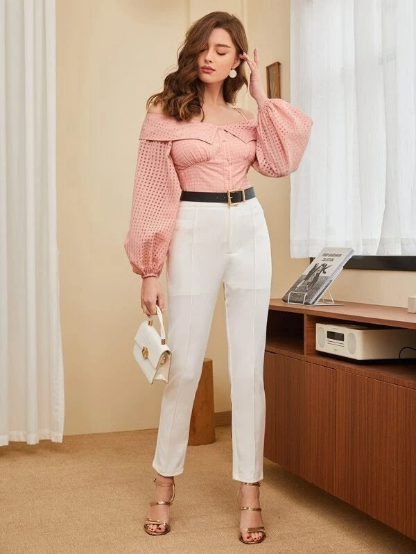 CM-TS846810 Women Casual Seoul Style Cold Shoulder Lantern Sleeve Blouse - Baby Pink