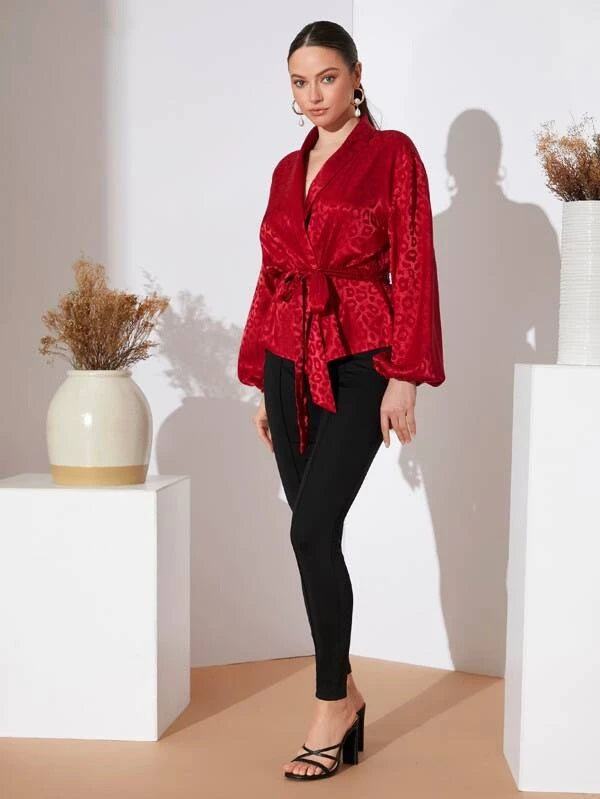 CM-TS926393 Women Elegant Seoul Style Leopard Print Bishop Sleeve Belt Blouse - Red