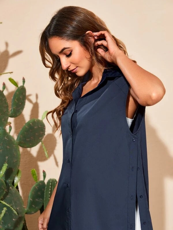 CM-TS511098 Women Casual Seoul Style Collared Split Side Sleeveless Longline Blouse - Navy Blue