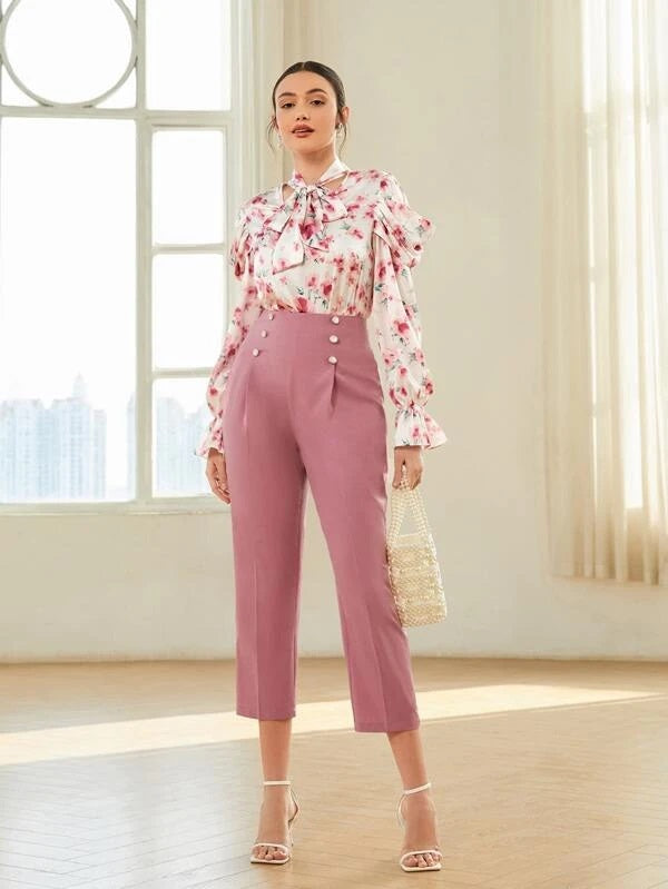 CM-TS699883 Women Elegant Seoul Style Long Sleeve Floral Print Tie Neck Blouse