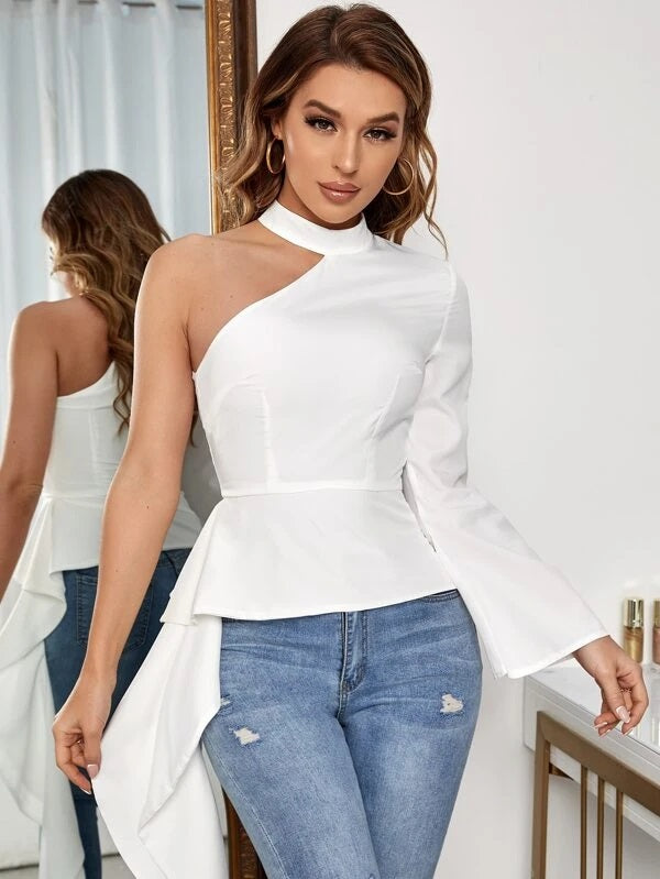 CM-TS408666 Women Elegant Seoul Style Side Draped Asymmetrical Blouse - White