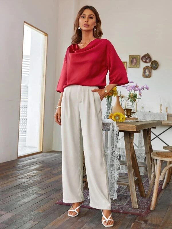 CM-TS195975 Women Casual Seoul Style Draped Collar Drop Shoulder Satin Blouse