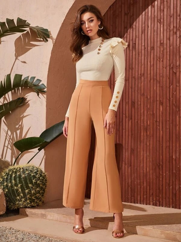 CM-TS791556 Women Casual Seoul Style Ribbed Knit Button Front Ruffle Trim Tee - Beige