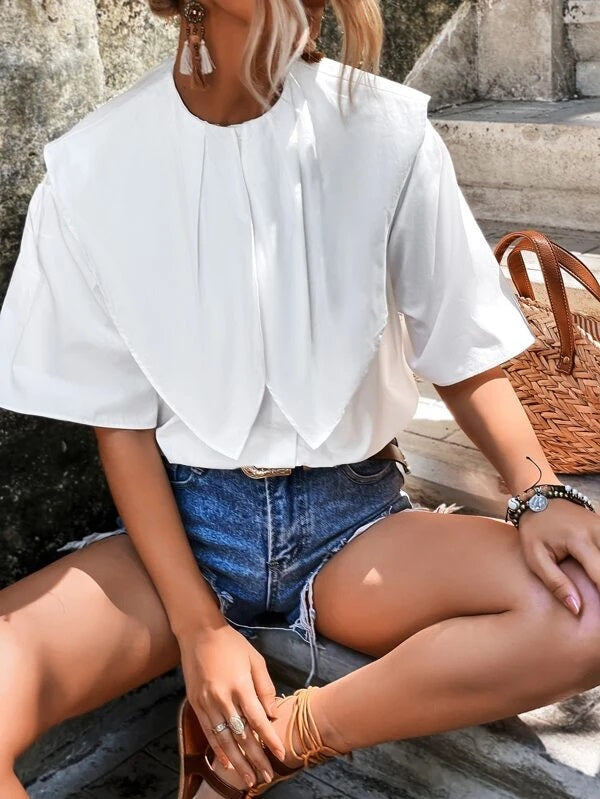 CM-TS020597 Women Trendy Bohemian Style Statement Collar Curved Hem Blouse - White