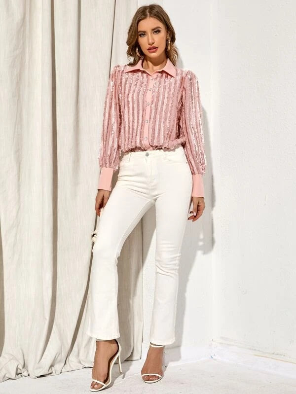 CM-TS007124 Women Elegant Seoul Style Raw Trim Lantern Sleeve Chiffon Blouse - Baby Pink