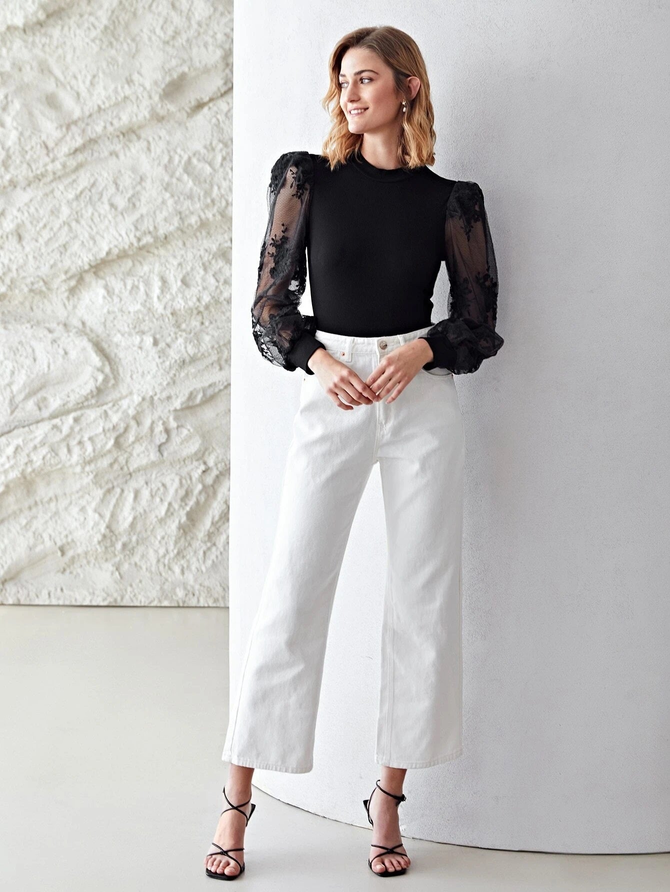 CM-TS536250 Women Elegant Seoul Style Long Sleeve Lace Mesh Bodysuit - Black