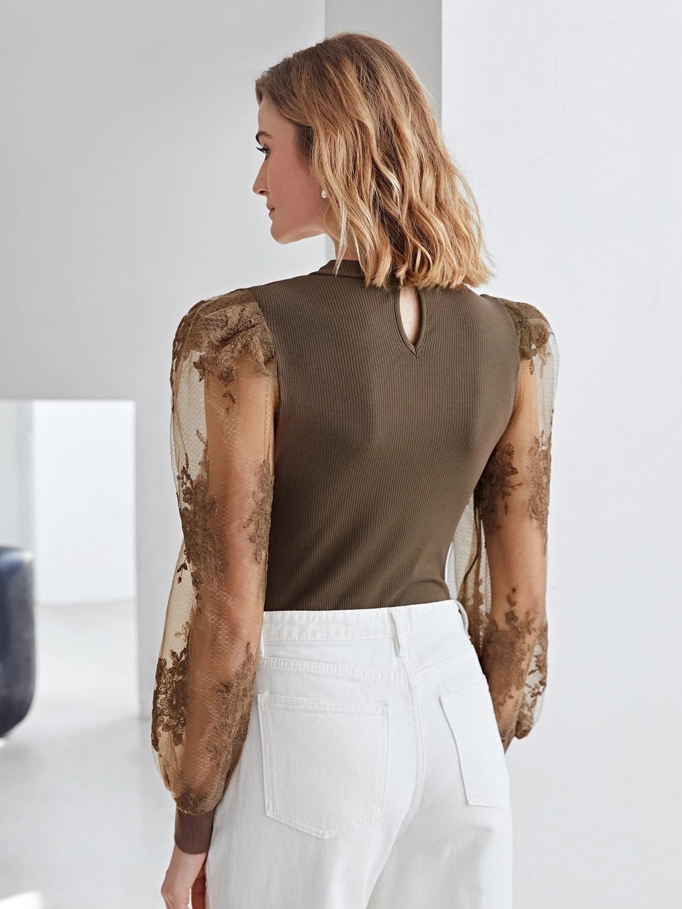 CM-TS576533 Women Elegant Seoul Style Long Sleeve Lace Mesh Bodysuit - Mocha Brown