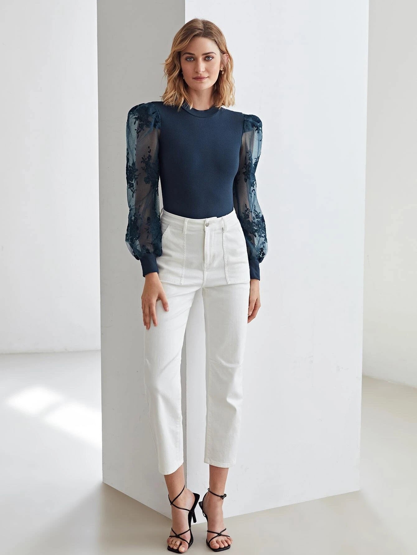 CM-TS531775 Women Elegant Seoul Style Long Sleeve Lace Mesh Bodysuit - Navy Blue